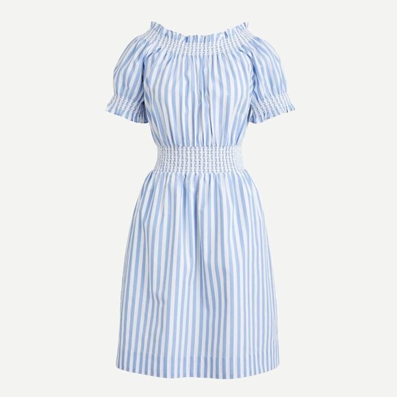 J. Crew Smocked Puff Sleeve Cotton Poplin Dress in Stripe Blue White Women's L - Picture 1 of 9